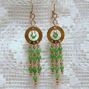Handmade Green Agate, Copper, & Crystal Chandelier Wooden Dangle Earrings
